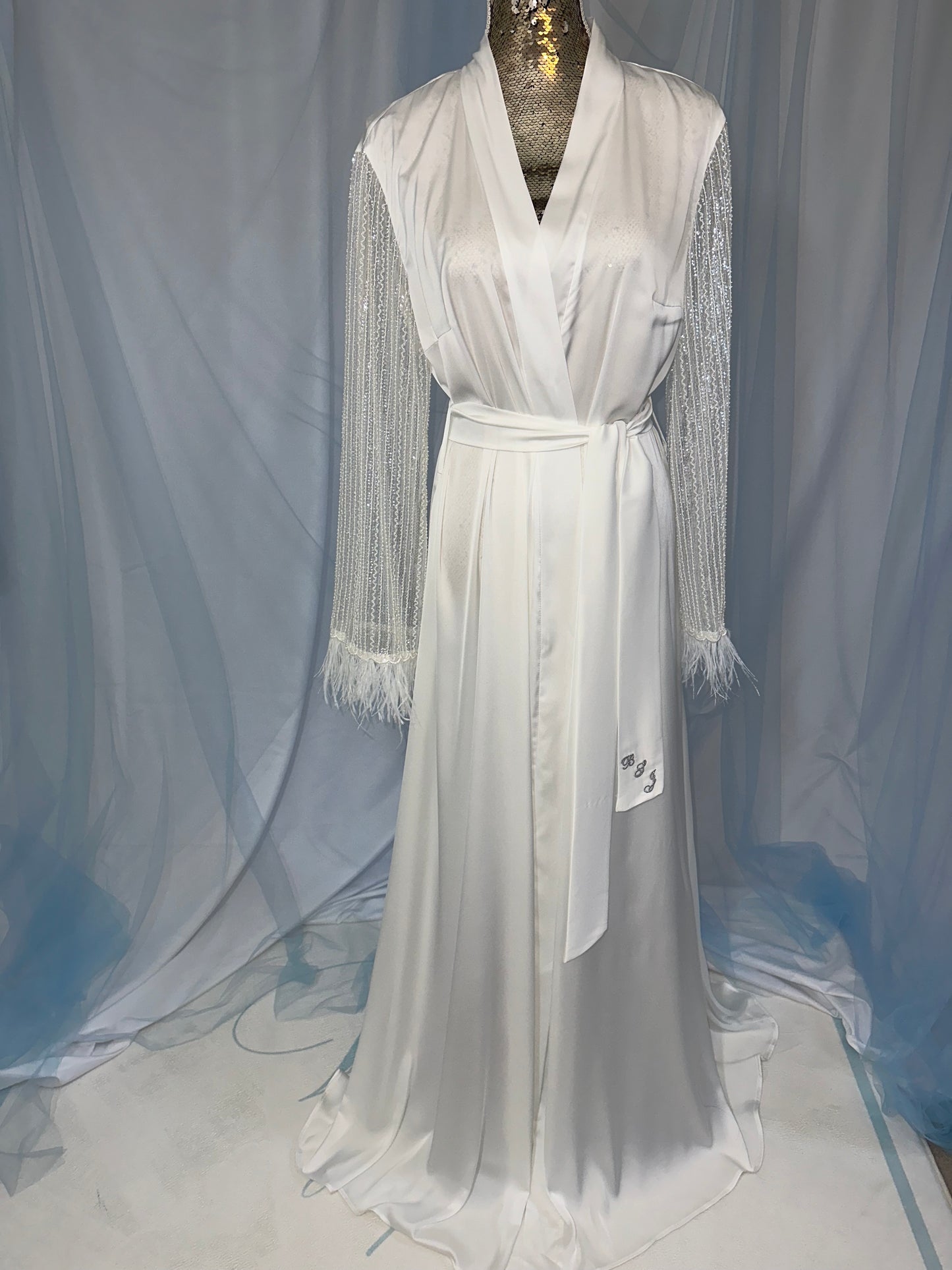 Silk Gown With Sparkle Sleeves & Feather
