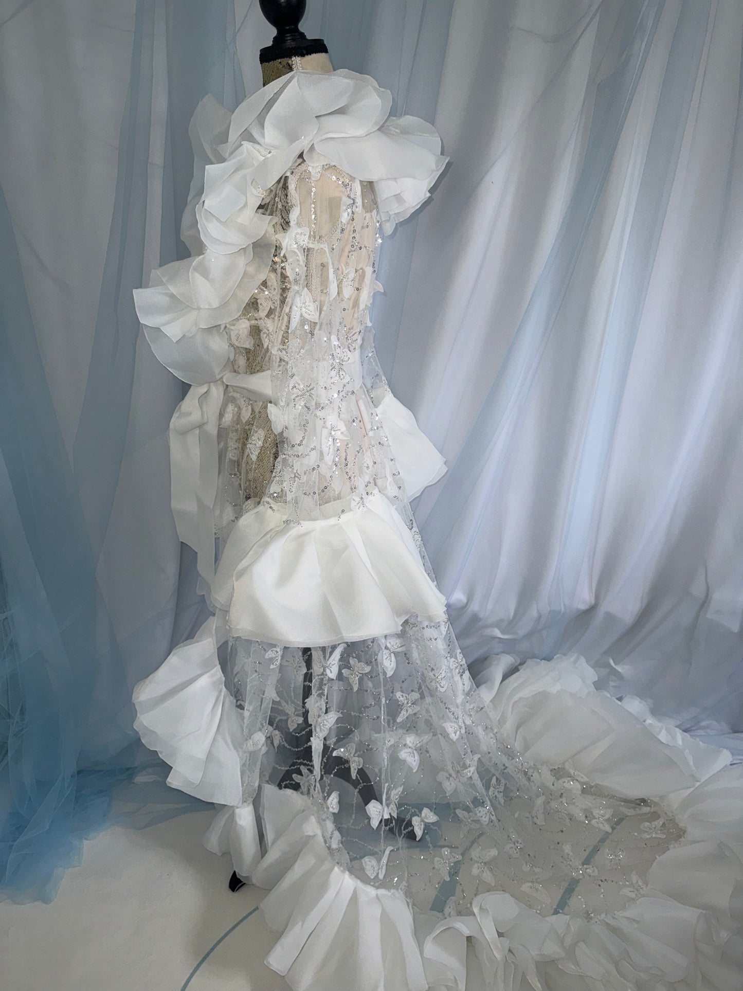 Ruffle Gown With Butterfly Tulle