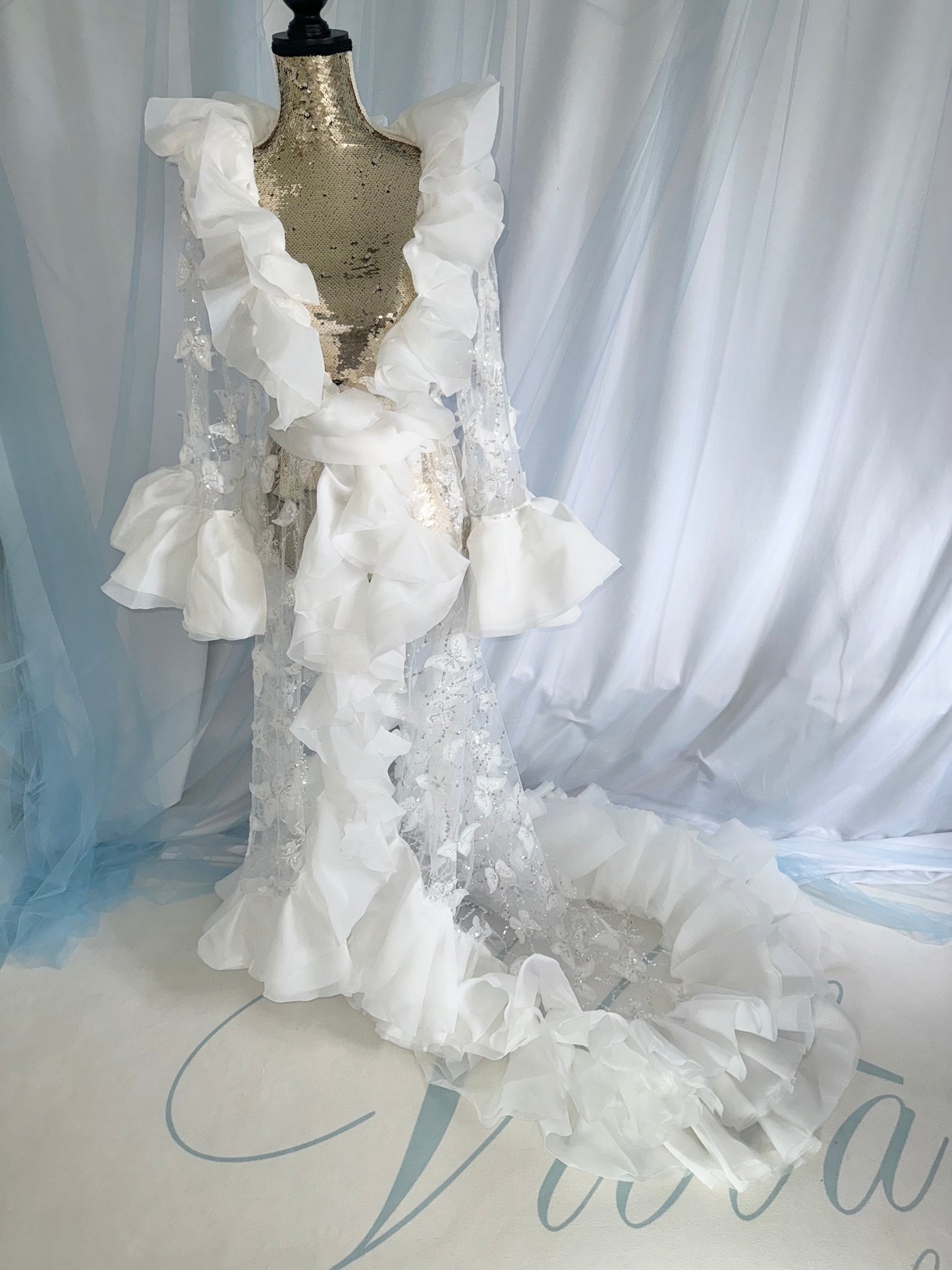 Ruffle Gown With Butterfly Tulle