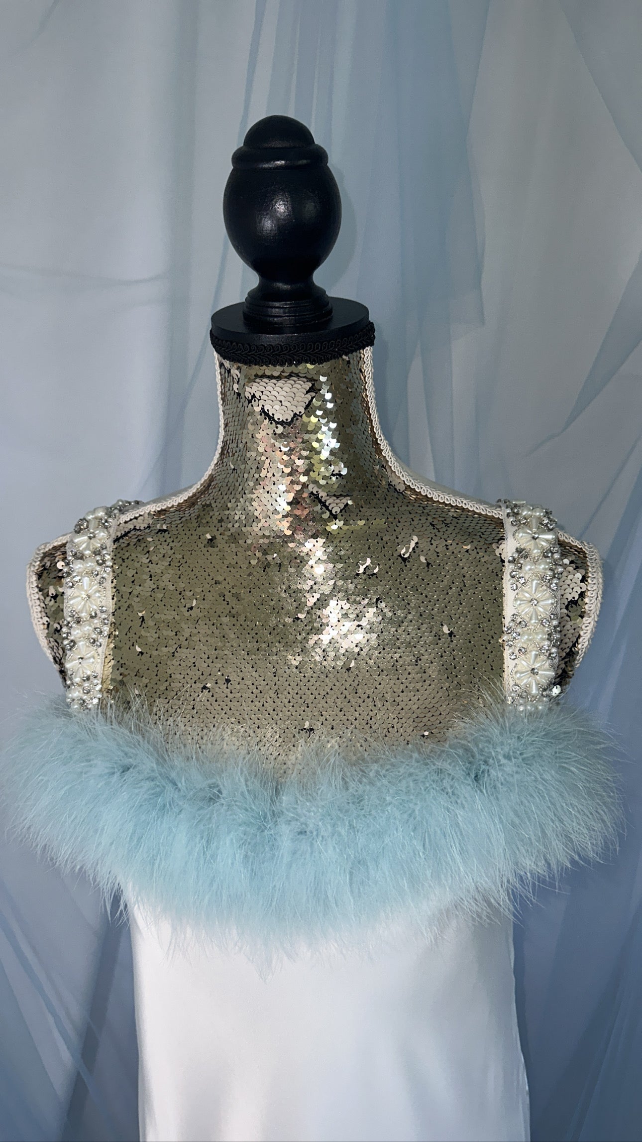 Blue Feather Trim Silk Cami