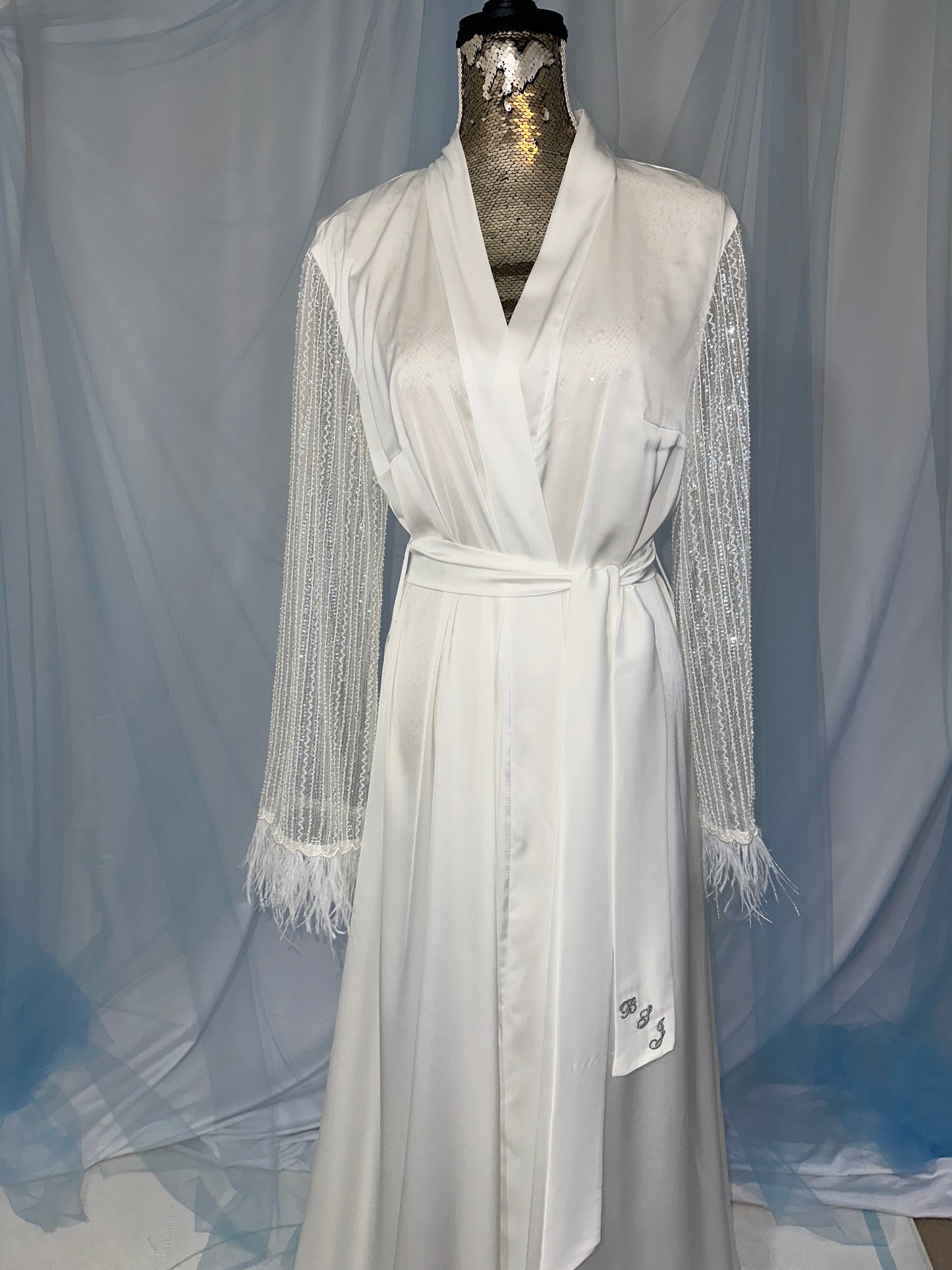 Silk Gown With Sparkle Sleeves & Feather
