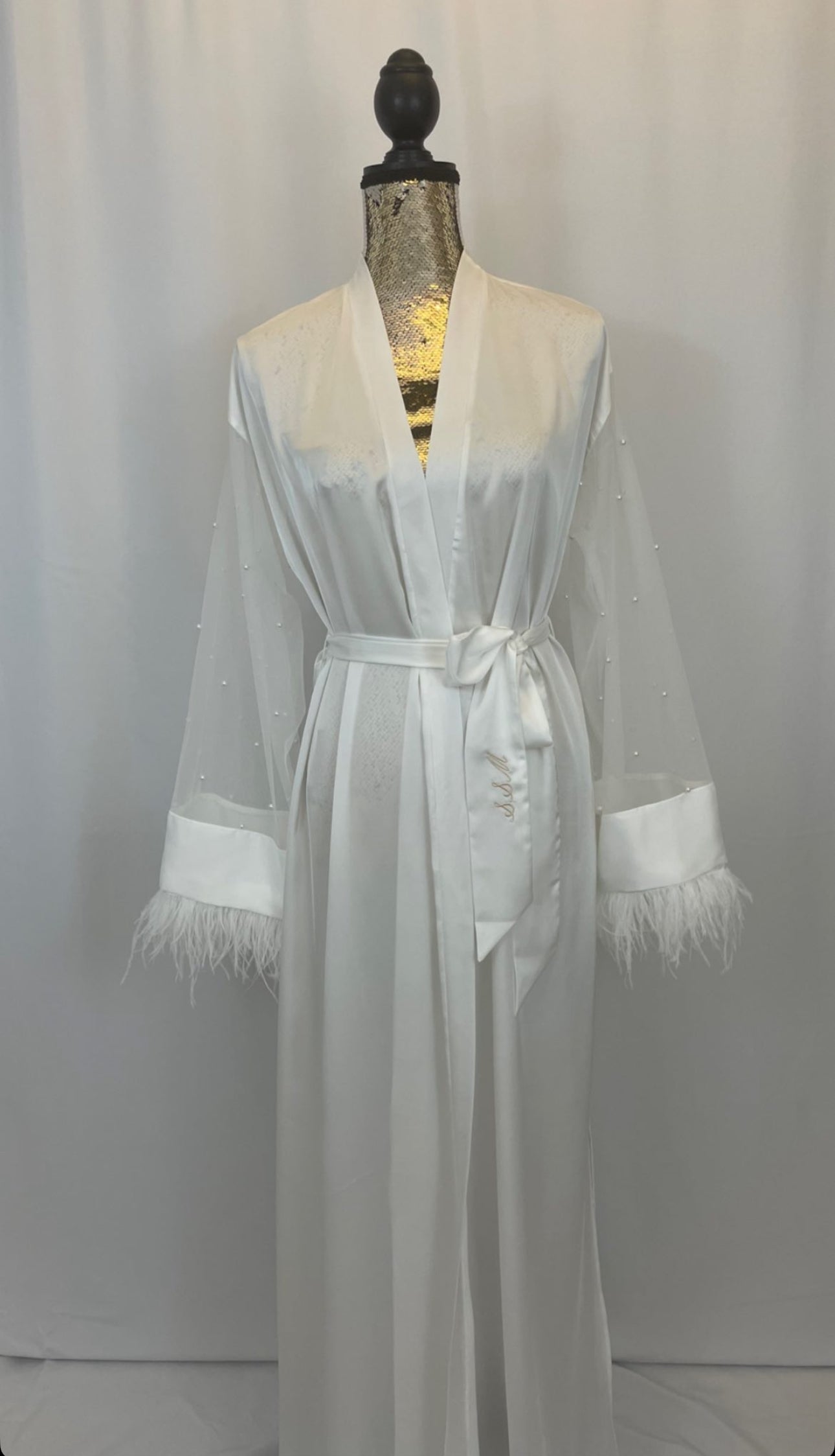Silk Gown With Pearl Tulle & Ostrich Feather