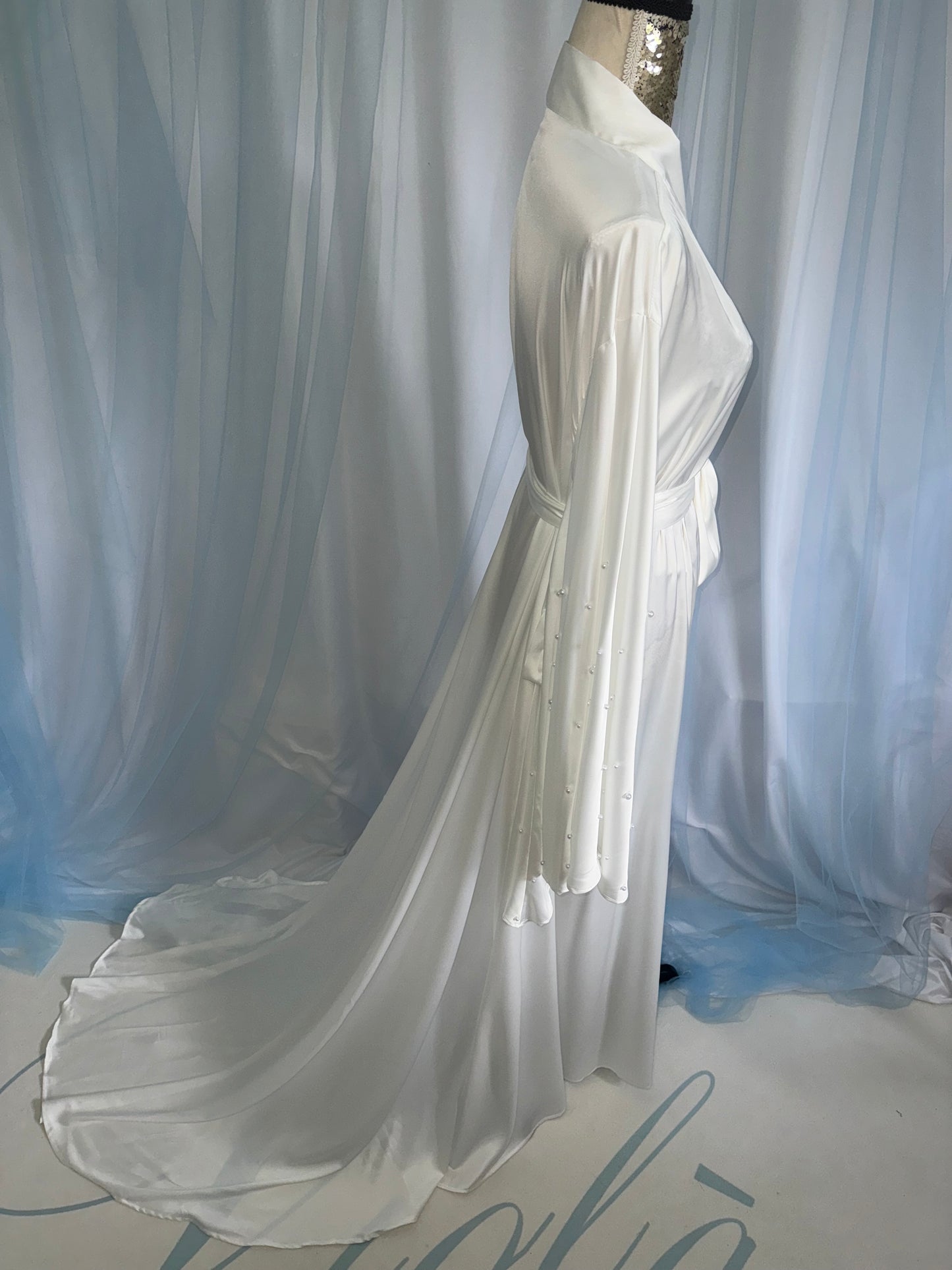 Silk Gown With A Wide Pearl Drop Sleeve