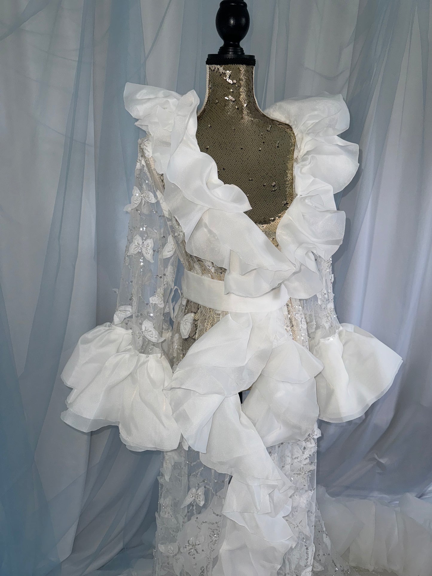 Ruffle Gown With Butterfly Tulle