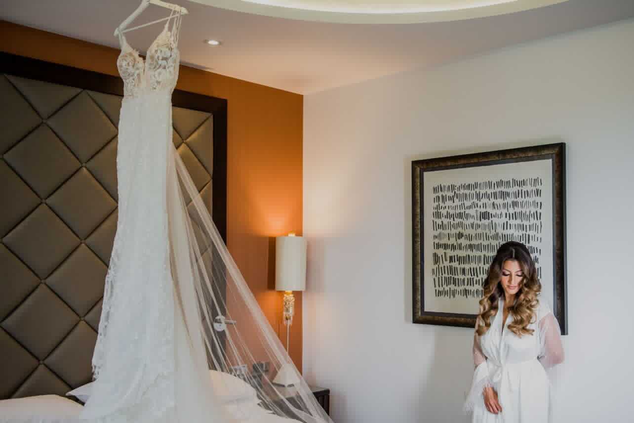 Silk Gown With Pearl Tulle & Ostrich Feather
