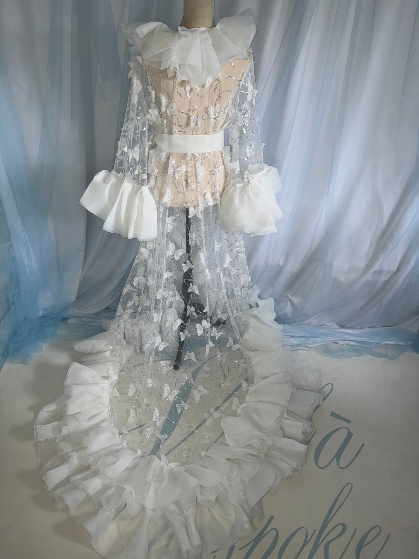 Ruffle Gown With Butterfly Tulle