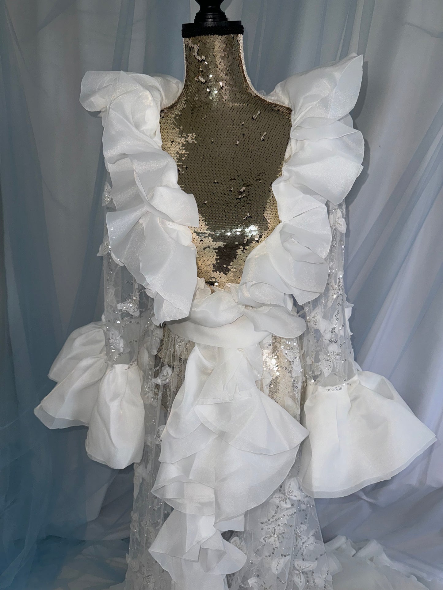Ruffle Gown With Butterfly Tulle