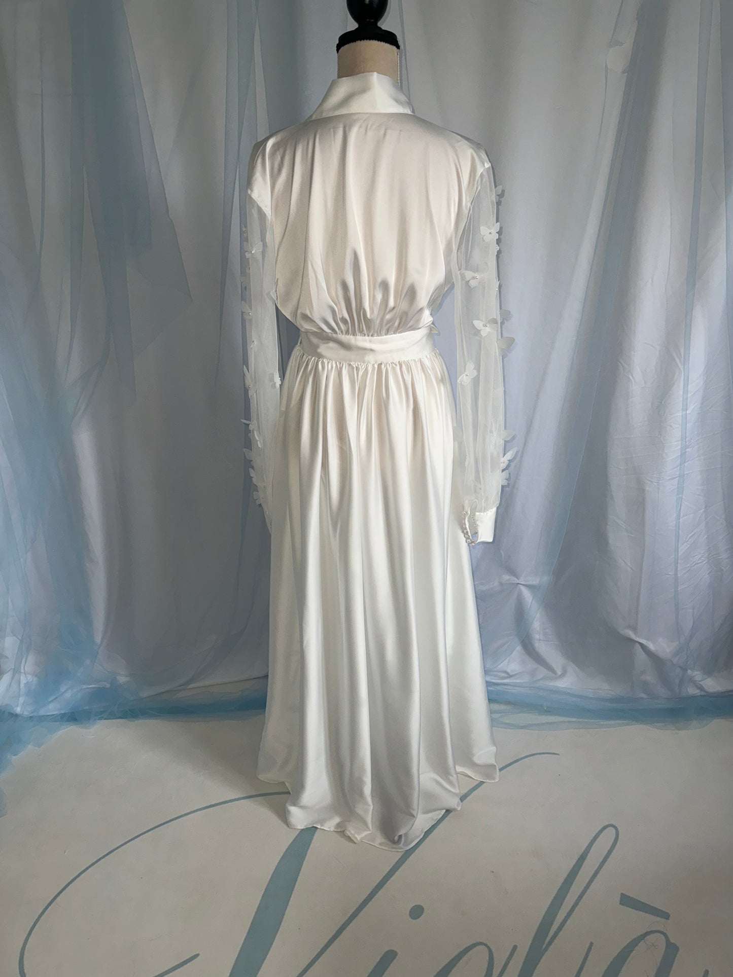 Silk Gown With Butterfly Tulle Sleeves