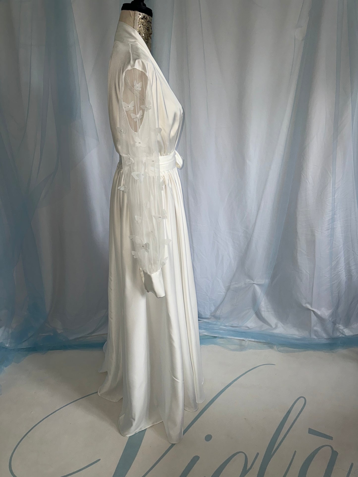 Silk Gown With Butterfly Tulle Sleeves
