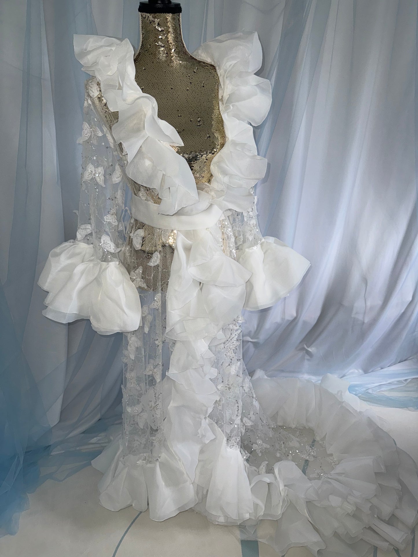 Ruffle Gown With Butterfly Tulle