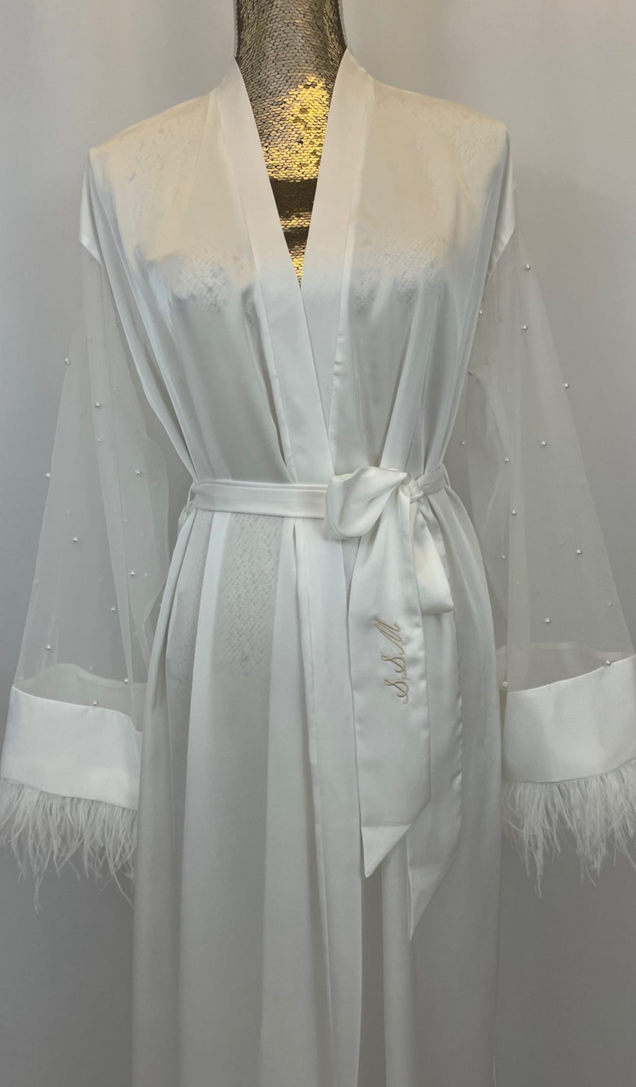 Silk Gown With Pearl Tulle & Ostrich Feather