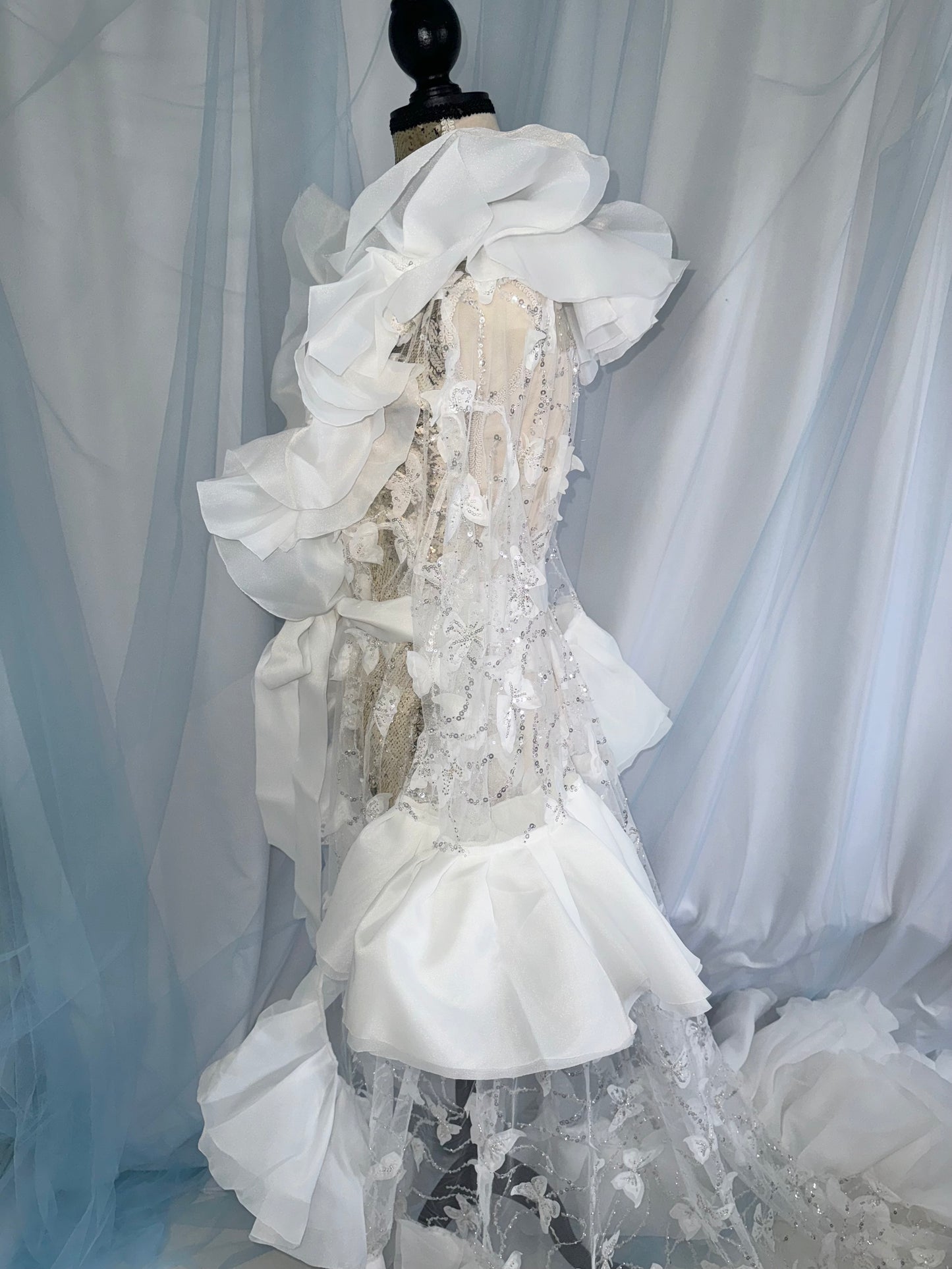 Ruffle Gown With Butterfly Tulle