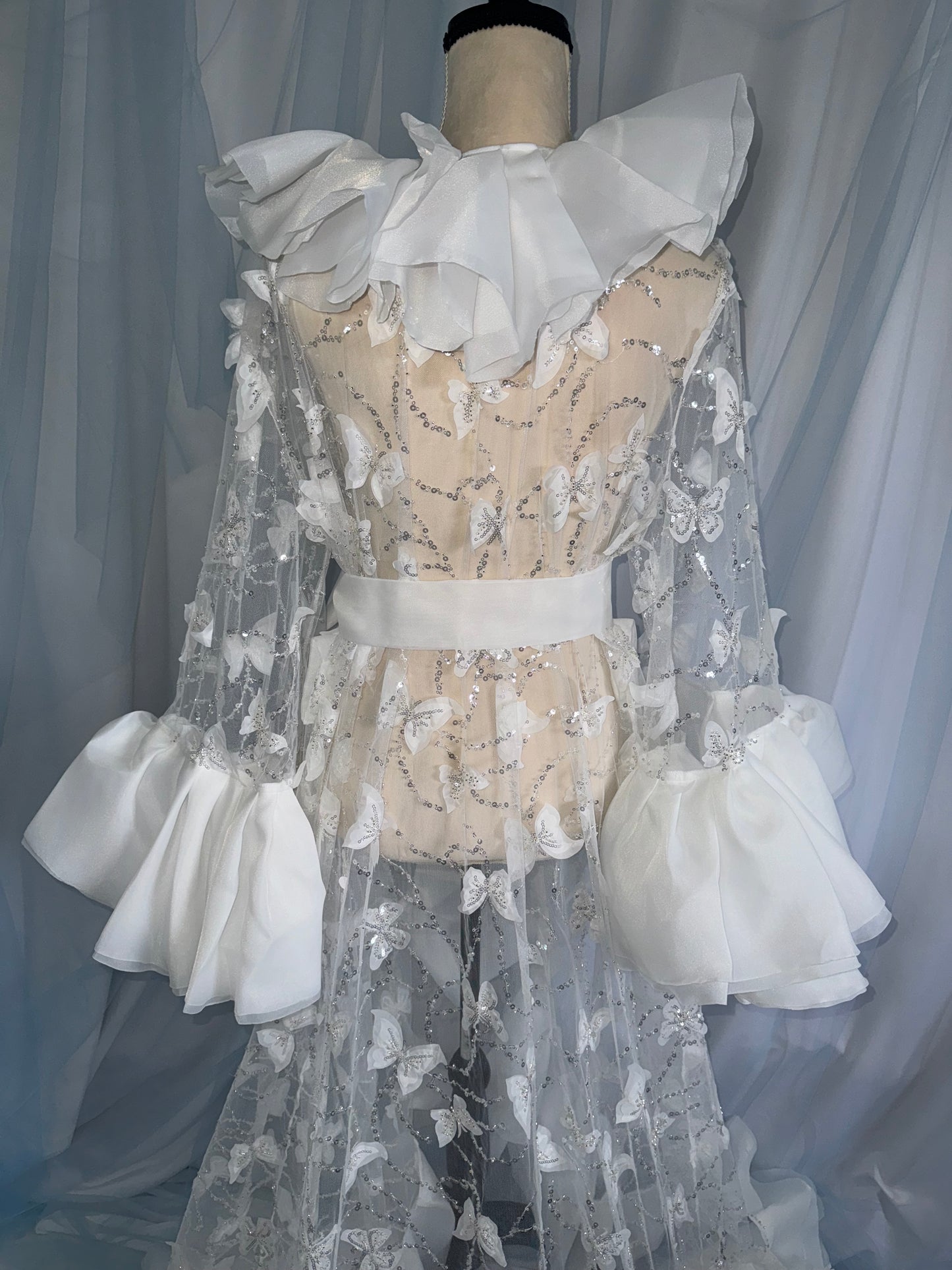 Ruffle Gown With Butterfly Tulle